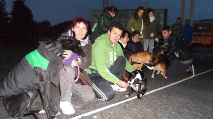 En primer término, Rosa Ardura con su perro &quot;Danko&quot; y Alejandro Suárez con &quot;Trisquel&quot;, junto al resto de participantes en el curso y el profesor.