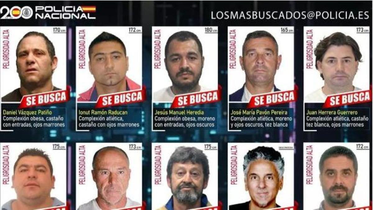 Cartell policial amb els fugitius més buscats per la Policia Nacional. 'El Pantoja' és el del centre de la fila superior
