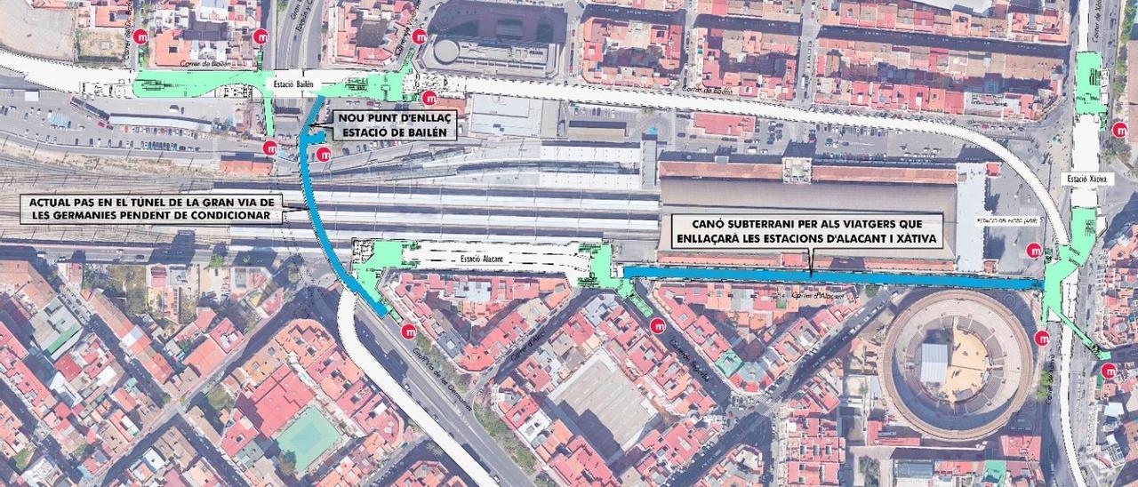 Dos &quot;tapices rodantes&quot; conectarán las nuevas líneas de metro-tranvía con Xàtiva y Bailén