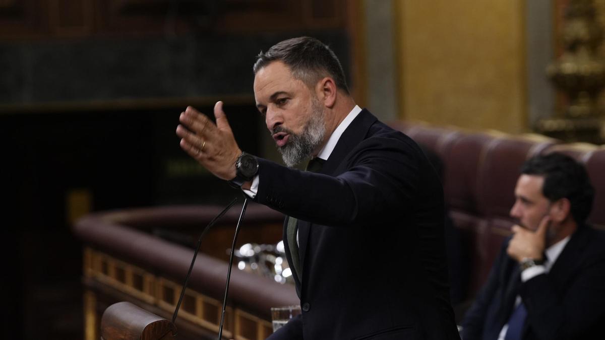 El líder de Vox, Santiago Abascal, durant el debat d&#039;investidura d&#039;Alberto Núñez Feijóo