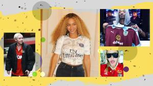 Miley Cyrus, Beyoncé, Snoop Dogg y Madonna con camisetas de equipos de fútbol.