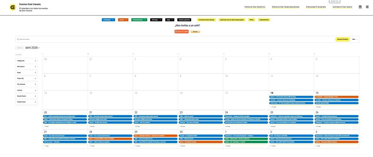 Vista general de Calendario de Eventos Gran Canaria, la plataforma digital que reúne en un solo espacio la agenda cultural, deportiva y de ocio de la isla con filtros por municipio, categoría, edad y fechas.