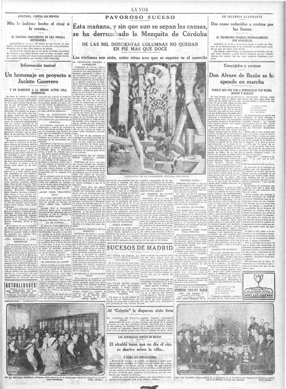 Crónica sobre un hipotético derrumbe de la Mezquita de Córdoba publicada en La Voz de Madrid el 28 de diciembre de 1932.