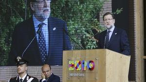 Rajoy, aquest dilluns, durant la visita que ha fet a l’Expo de Milà, en la celebració del Dia d’Espanya.