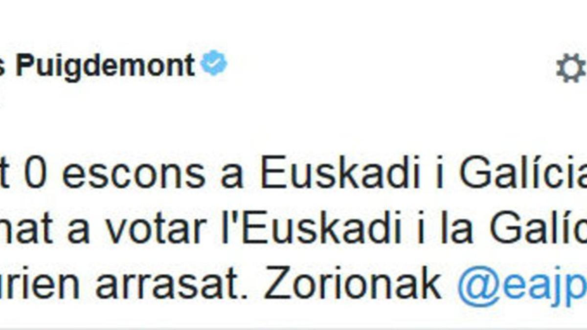 Tuit de Puigdemont mofándose de Ciudadanos