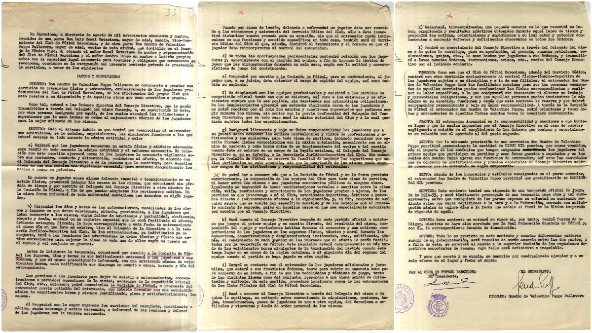 Las tres páginas del contrato íntegro de Sandro Puppo (17-8-1954)