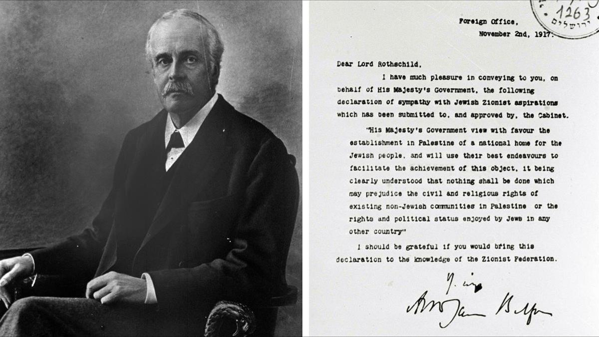 Arthur Balfour, en una foto de 1925, y la carta que envió a Lord Rothschild.