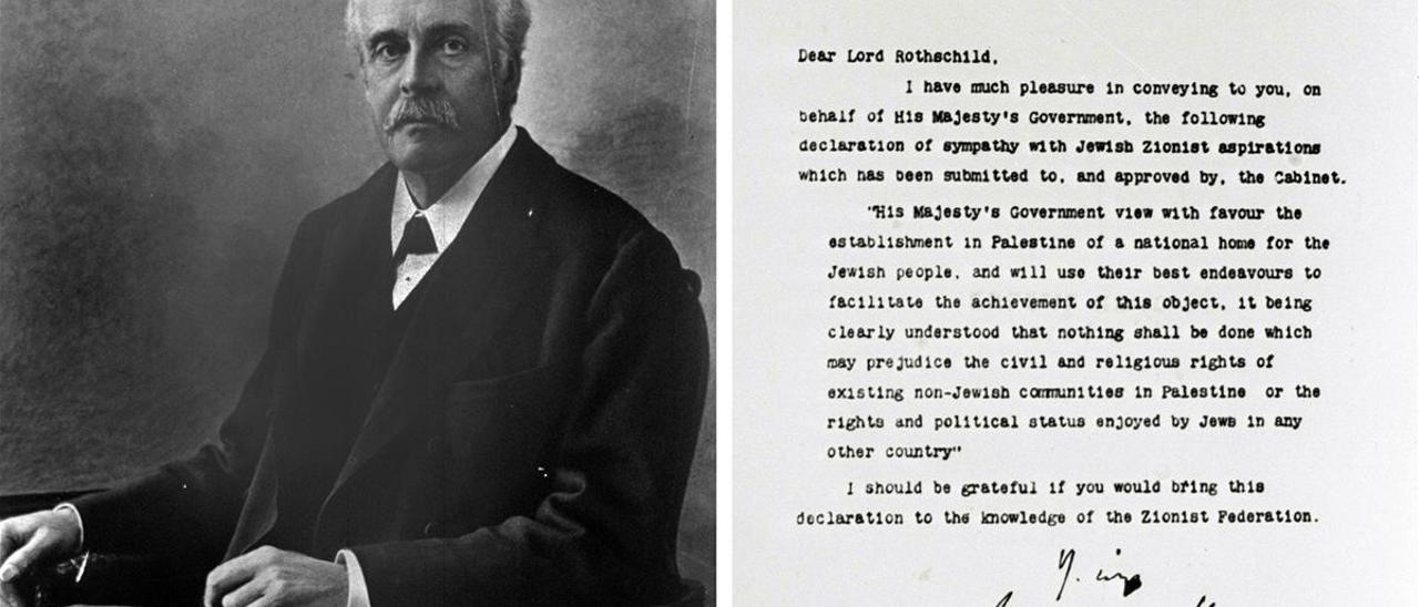 Arthur Balfour, en una foto de 1925, y la carta que envió a Lord Rothschild.