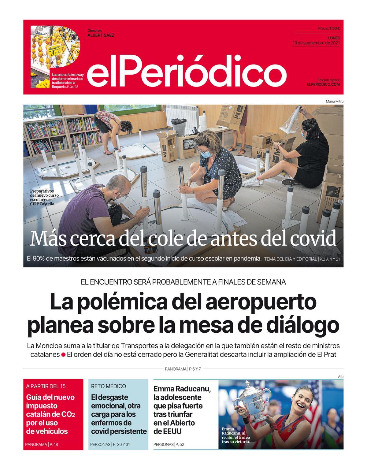 La portada d’EL PERIÓDICO del 13 de setembre del 2021