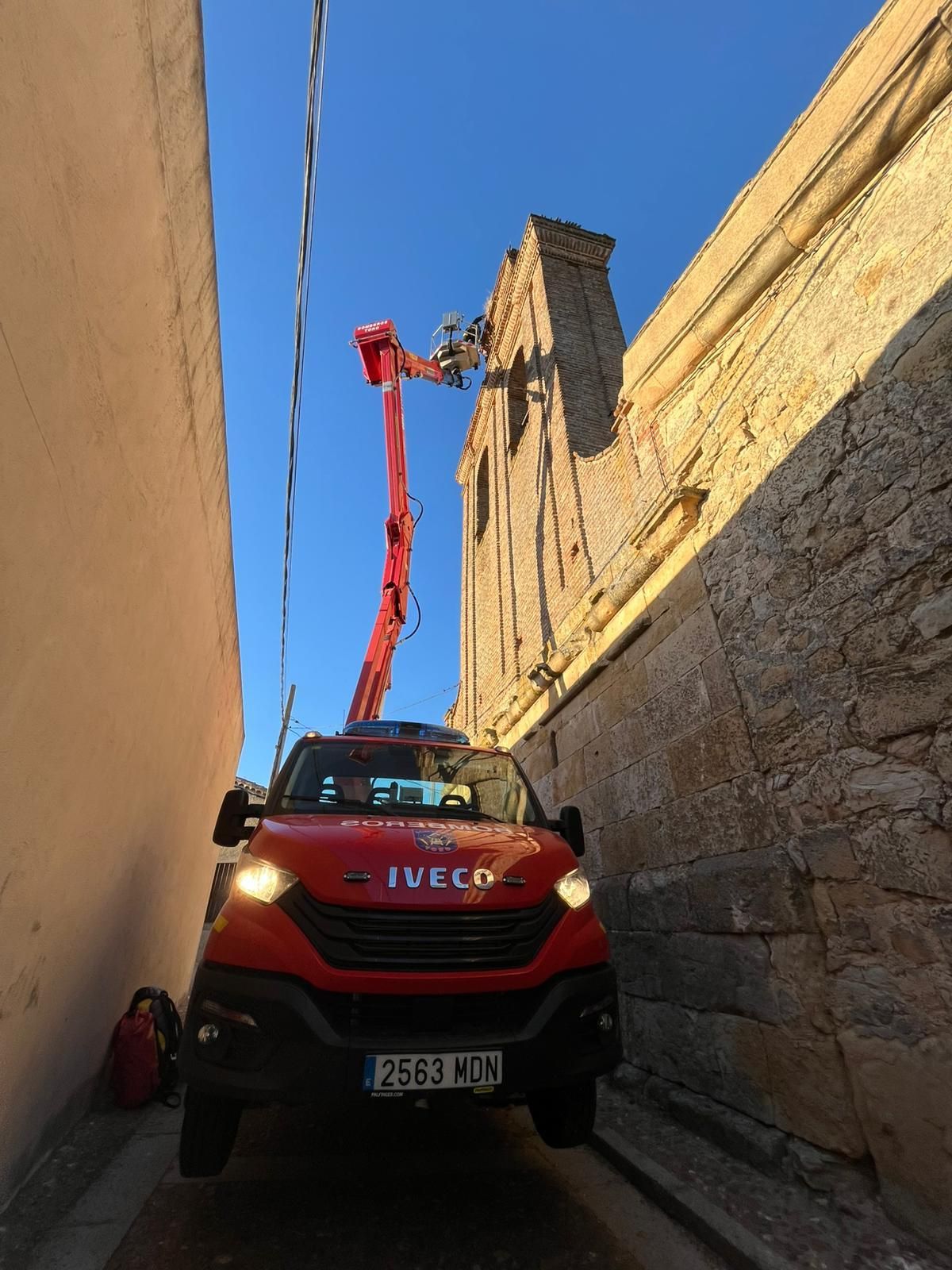 Bomberos de Toro trabajan en la liberación de la cigúeña en Olmo de la Guareña.