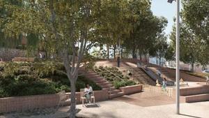 Aspecto de la futura zona de juegos infantiles junto a la escuela Amor de Dios del Turó de la Peira, en Barcelona