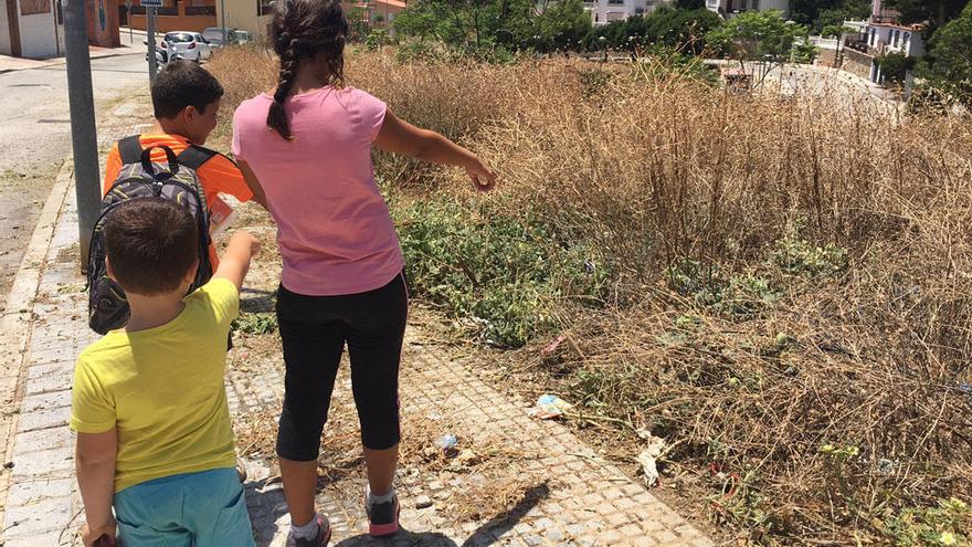 Tres niños, delante de la zona de matorral, junto a una casa.