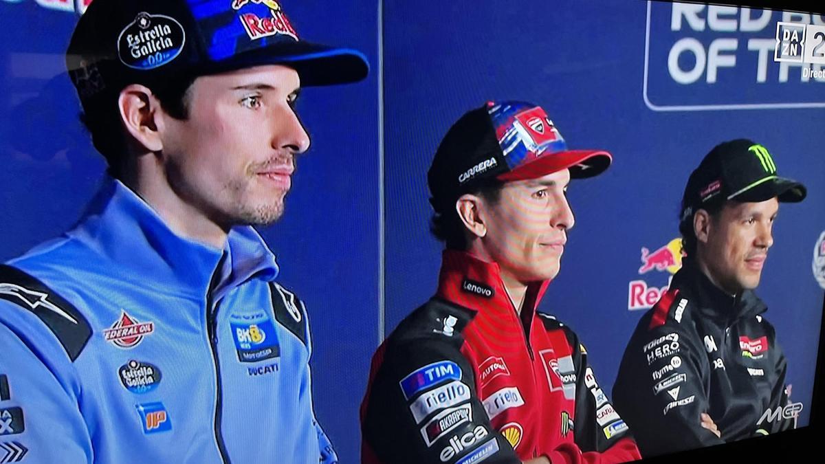 Àlex Márquez, Marc Márquez y Franco Morbidelli, en la conferencia de prensa de hoy en Austin (EEUU).