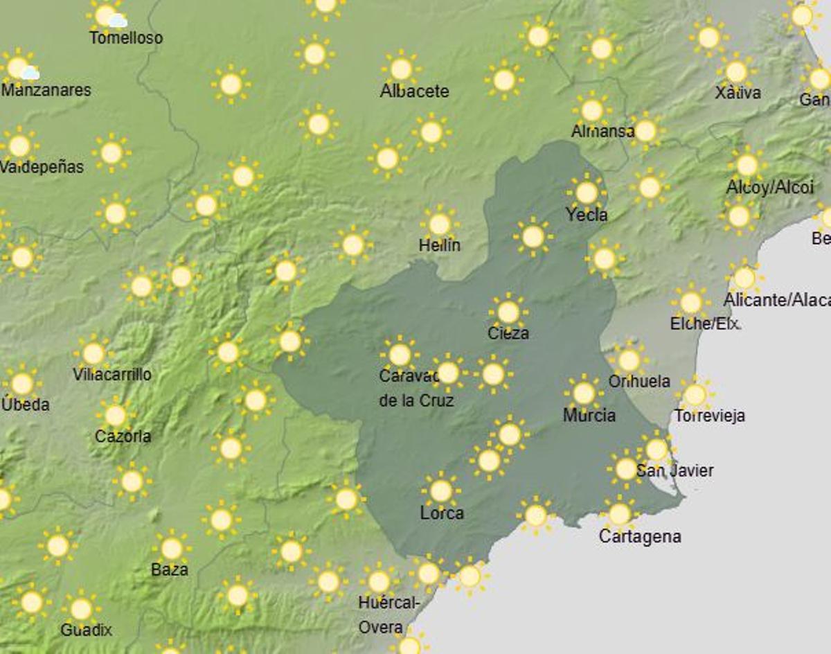 Mapa del tiempo previsto para hoy, Lunes Santo, en la Región de Murcia