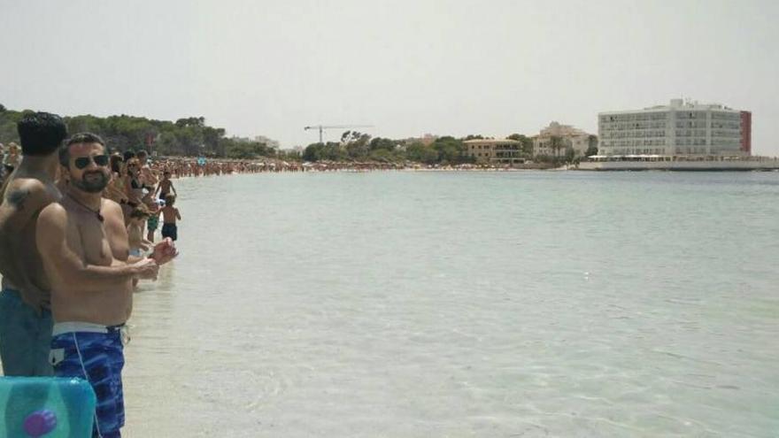 Los bañistas esperan en la arena ayer tras el avistamiento de la tintorera en la playa dels Estanys.