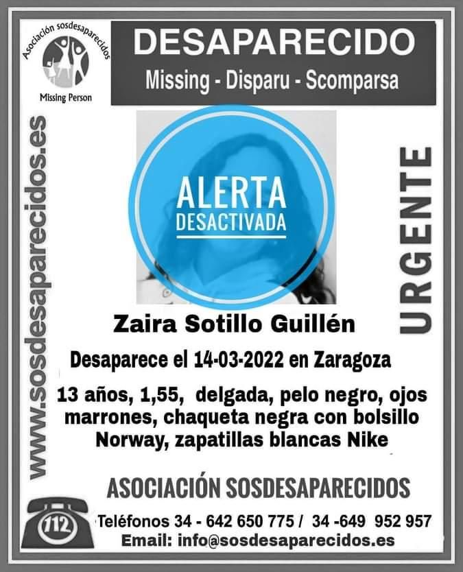 Alerta desactivada por la desaparición de Zaira Sotillo.