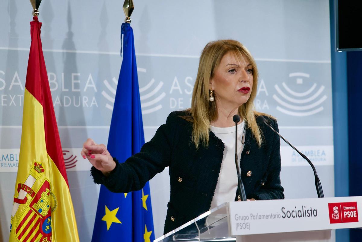 La portavoz del Grupo Socialista en la Asamblea de Extremadura, Piedad Álvarez, en rueda de prensa para valorar los datos de paro en enero