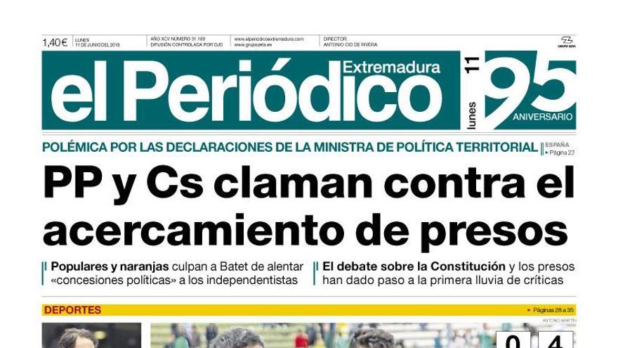 Esta es la portada de EL PERIÓDICO EXTREMADURA correspondiente al día 11 de junio del 2018