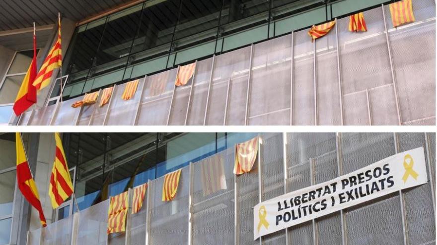 La façana de la seu de la Generalitat a Girona, abans i després de retirar la pancarta