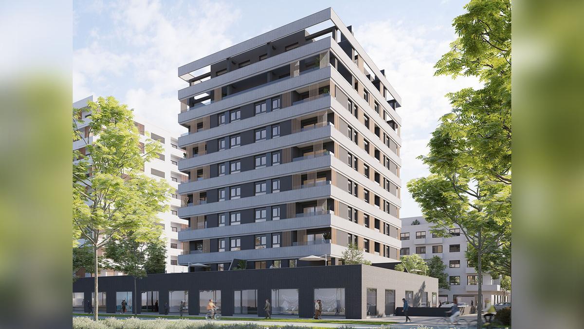 Recreación 3D de la Torre Geim IV que ha comenzado a construirse en la avenida de Elvas de Badajoz.