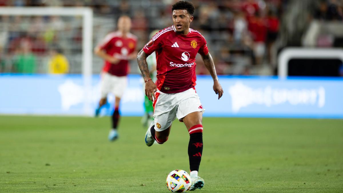 Manchester United forward Jadon Sancho in action against Real Betis during the second half of a soccer match, July 31, 2024, in San Diego