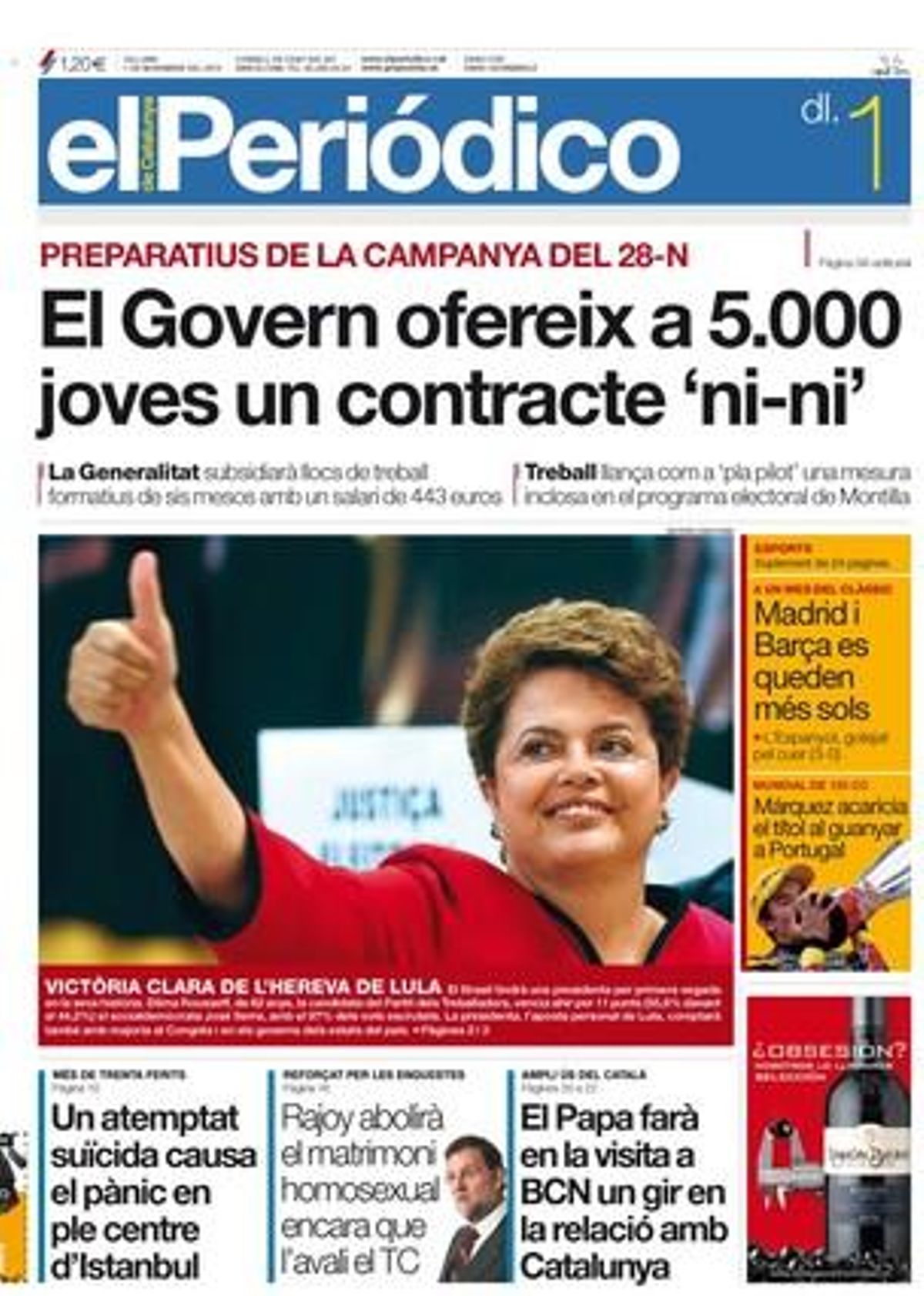 A més de les notícies de portada, EL PERIÓDICO ofereix el quadern ’Esports’ amb els resultats de l’alta competició del cap de setmana i les claus de Johan Cruyff. També destaca a dins una sèrie de reflexió i debat a propòsit de la visita del Papa a Barcelona --comença amb el diàleg sobre ciència i religió entre Josep Maria Terricabras i Juan José Tamayo--; i que investigadors i pagesos recuperen a Catalunya més de mig miler de llavors autòctones antigues en perill d’extinció; que biòlegs i enginyers construeixen robots inspirats en les mosques com a ajuda per comprendre el cervell. També entrevista el cineasta iranià Abbas Kiarostami, premiat amb l’Espiga d’Or del Festival de Valladolid.