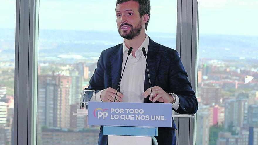 El candidato del PP a la Presidencia, Pablo Casado, ayer durante el acto celebrado en Torre Espacio, Madrid.