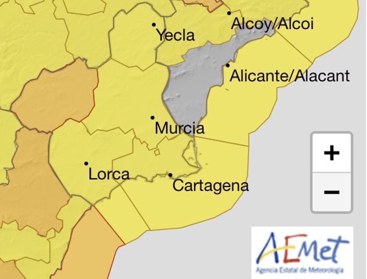 Mapa de alerta por viento en la Región.