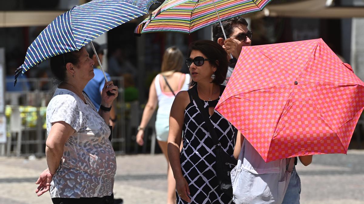 Varias personas de protegen del sol con paraguas.