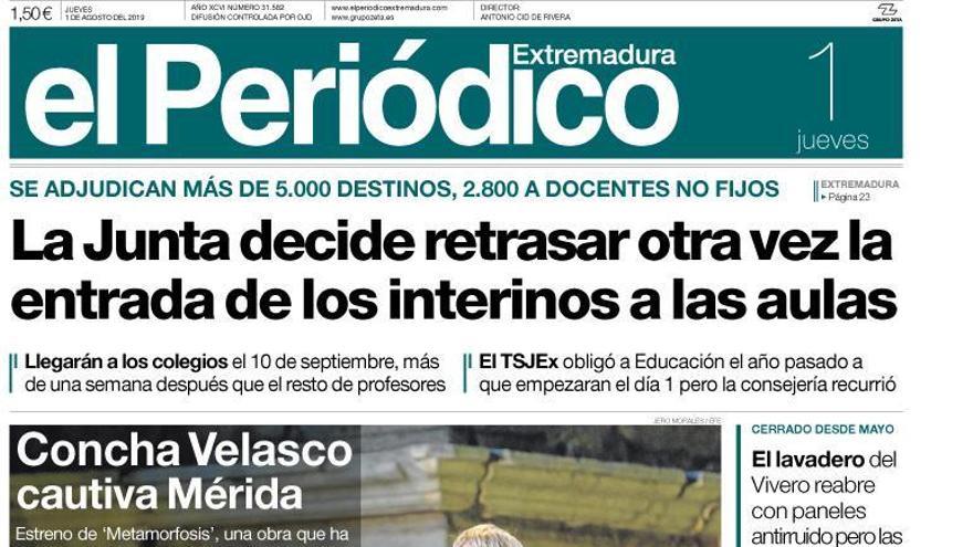 Esta es la portada de EL PERIÓDICO EXTREMADURA correspondiente al día 1 de agosto del 2019