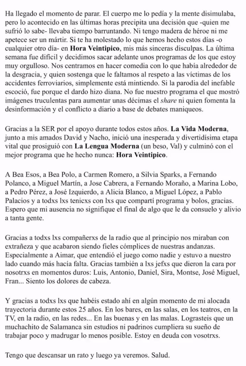 Comunicado de Quequé anunciando su retirada