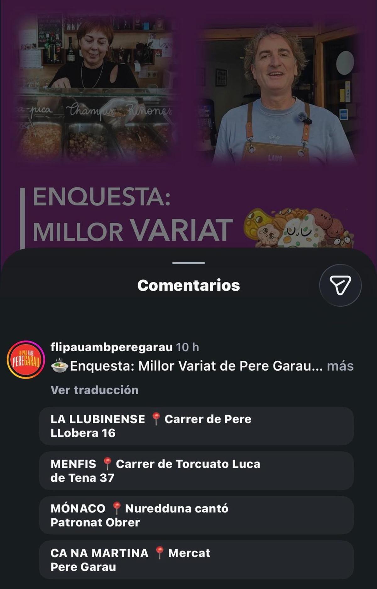 Captura de imagen de la encuesta al mejor 'variat' de Pere Garau