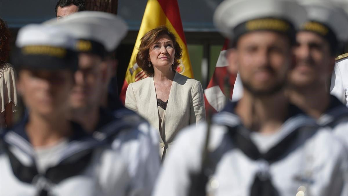 Carmen Calvo, el pasado 10 de agosto, en Sevilla, durante la celebración del quinto aniversario de la primera vuelta al mundo.