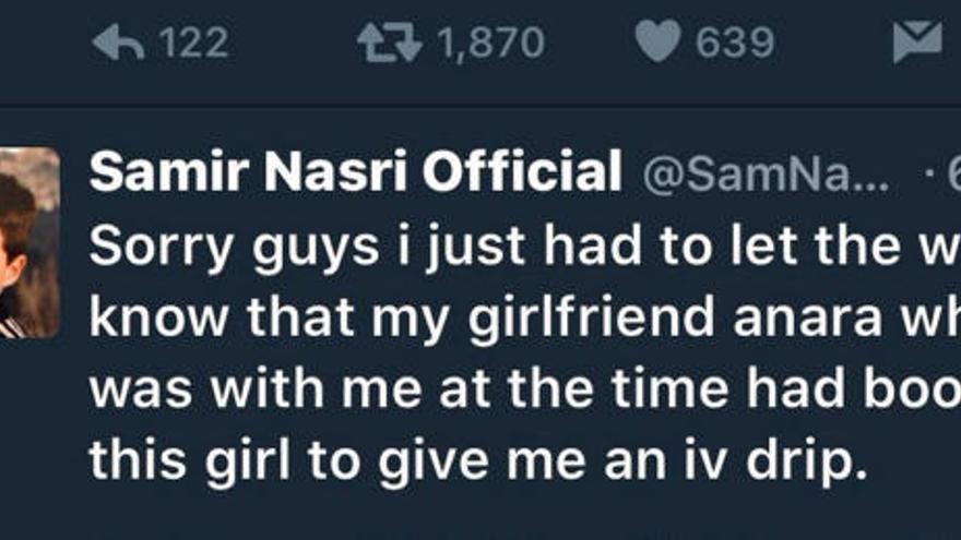 Hackean la cuenta de Twitter de Nasri poniendo mensajes de contenido sexual