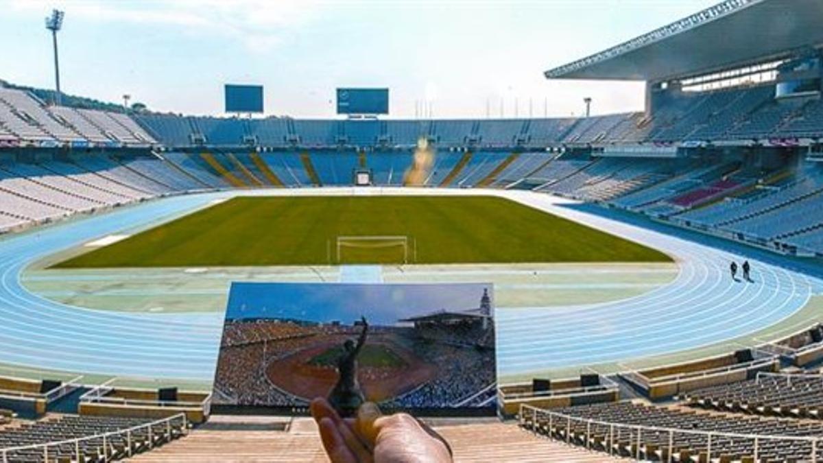 El Estadi Olímpic Lluís Companys vacío, ayer, con una postal en primer término de un día de competición.