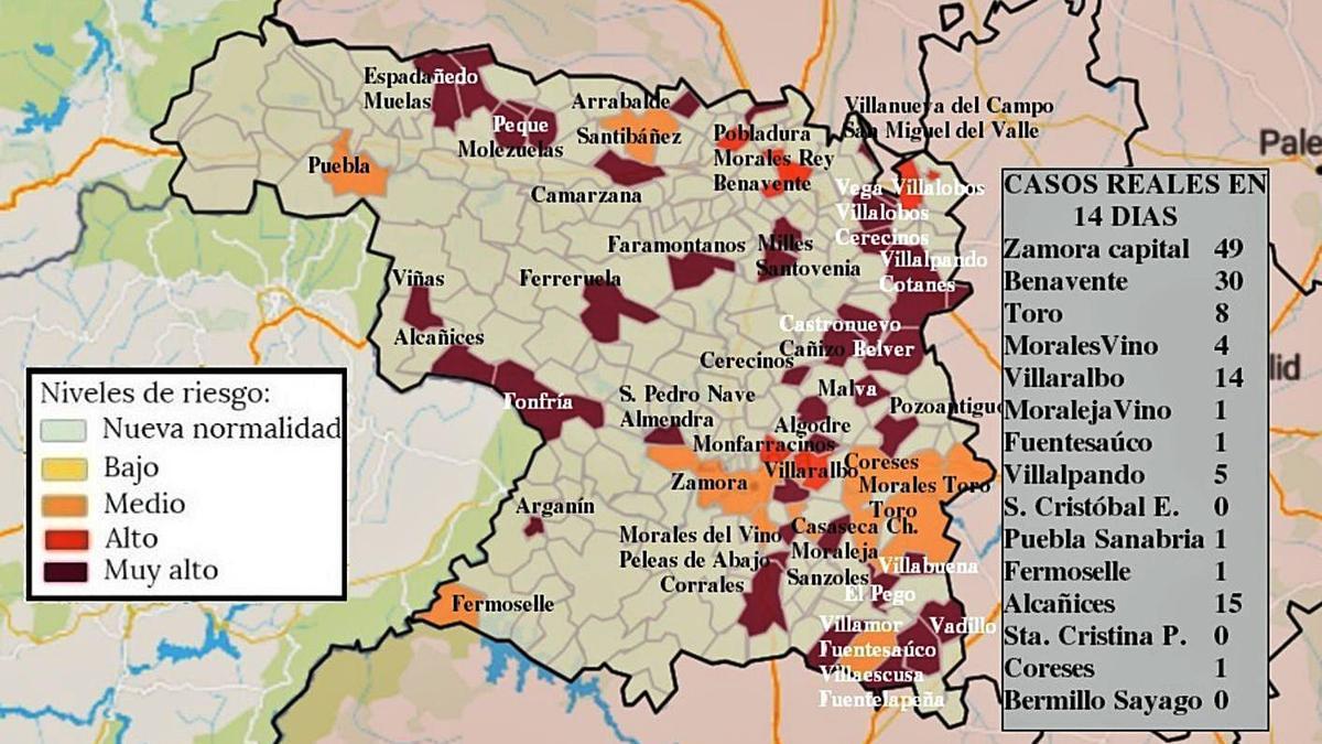 Mapa de las 53 poblaciones con contagios y casos reales en las localidades de más de mil habitantes. | L.O.Z.