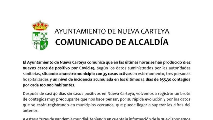 Comunicado Ayuntamiento Nueva Carteya brote covid-19