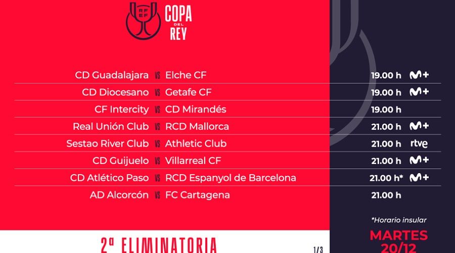 Partidos y horarios de Copa del Rey fijados para el martes 20 de diciembre.