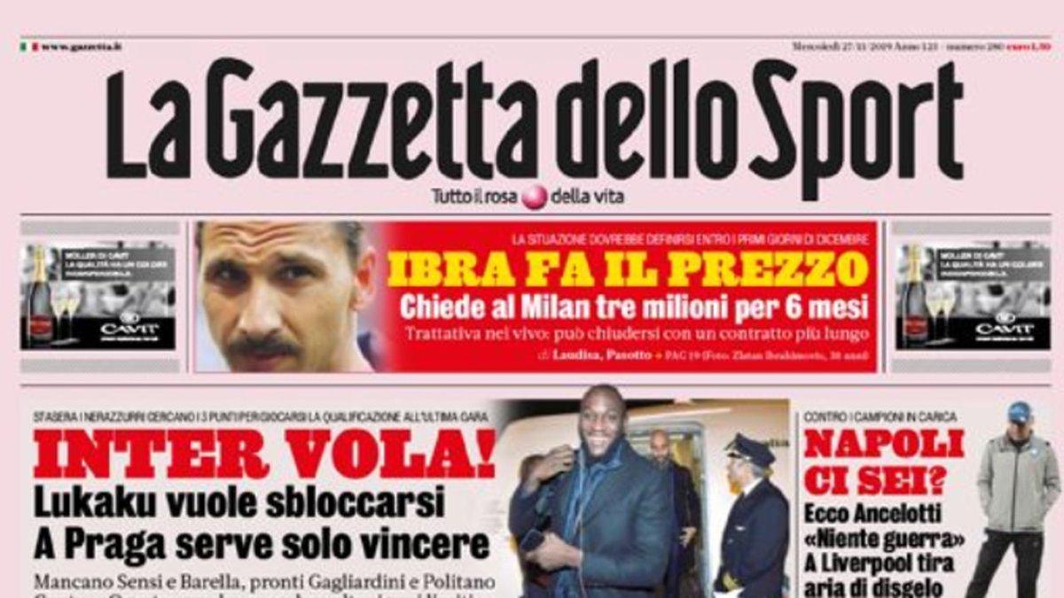 Ibrahimovic, en la portada de la 'Gazzetta' dello Sport del miércoles 27 de noviembre