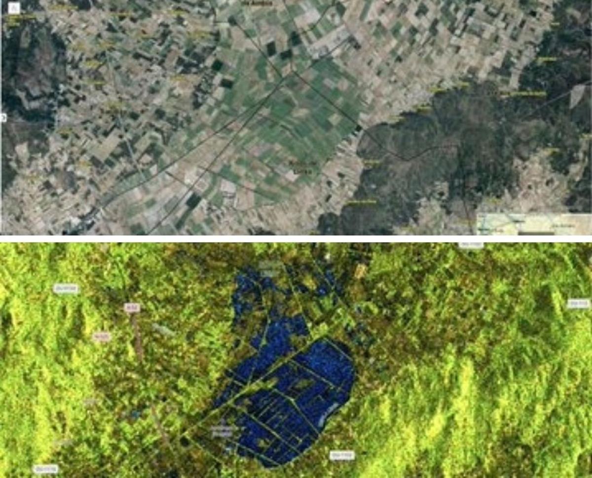 Vista aérea de la laguna en 2023 (arriba) e imagen del radar Sentinel de febrero de este año (abajo), donde se aprecian láminas de agua