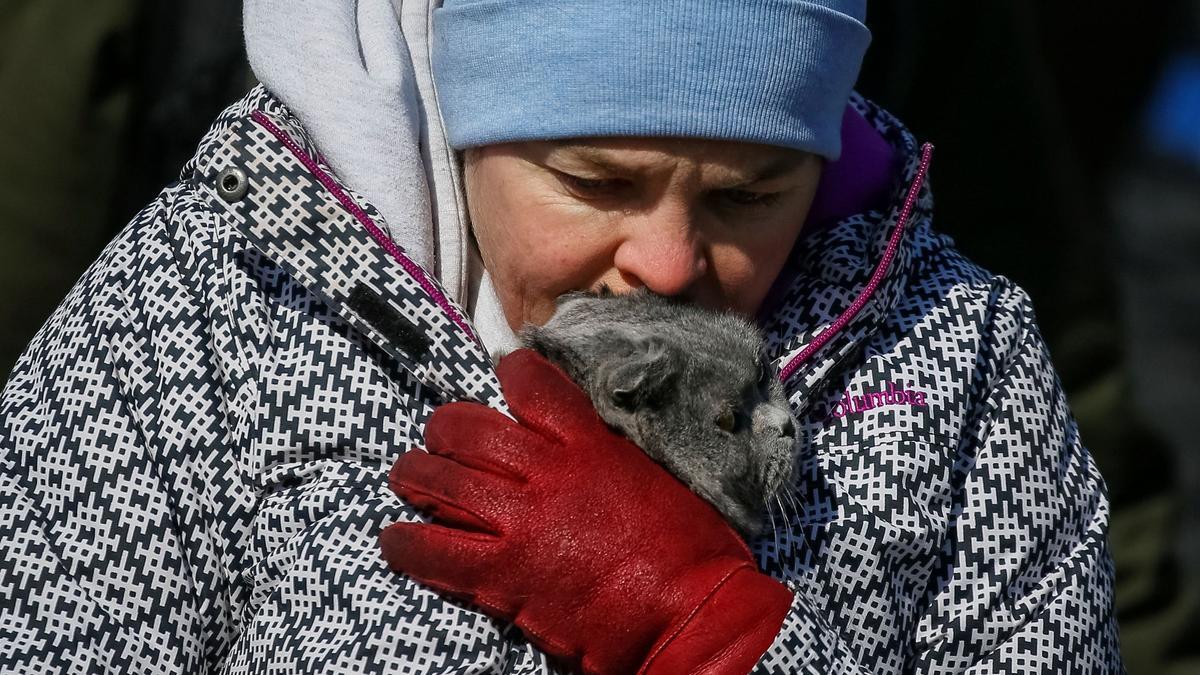 Una mujer camina con su gato mientras son evacuados de la localidad de Irpin, Ucrania, por la invasión de Rusia