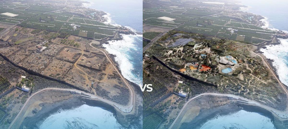 En la imagen de arriba, el antes y el después del entorno donde se ubicará Underweater Garden en el sur de Tenerife (1). A la izquierda, vista aérea de las futuras instalaciones (2) y a la derecha recreación del fondo marino, provisional hasta que haya concluido el estudio en curso  (3). En la imagen de abajo, infografía del interior del recinto (4).  | EL DÍA