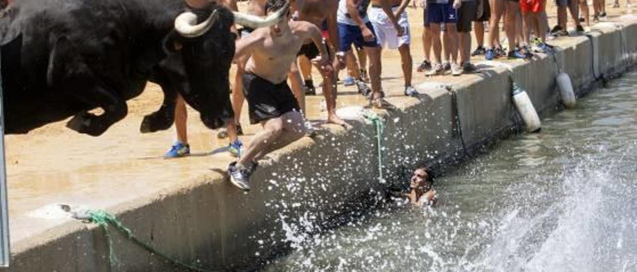 Varias personas en el festejo de «Bous a la mar» que tiene lugar en Dénia.