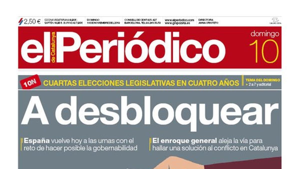 La portada de EL PERIÓDICO del 10 de noviembre del 2019