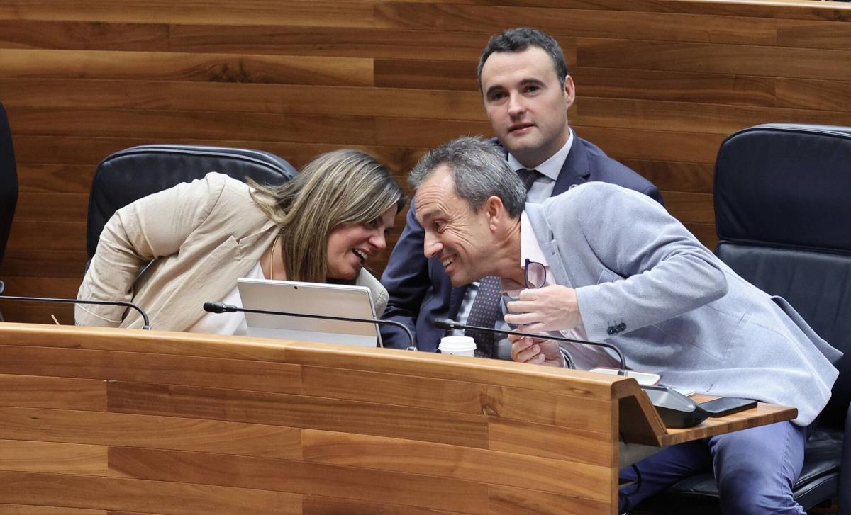 Gimena Llamedo habla con Ovidio Zapico en la Junta ante la mirada de Guillermo Pelaéz.