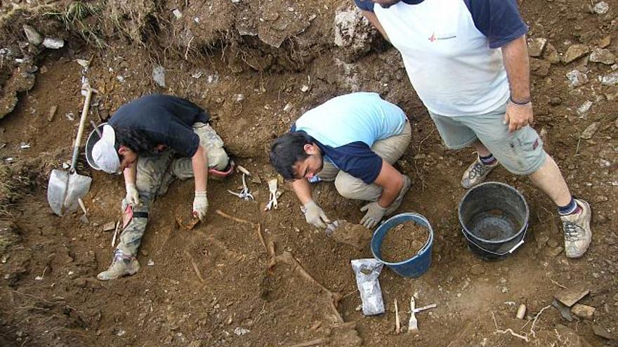 Arqueólogos de la Asociación para la Recuperación de la Memoria Histórica, ayer, en Mondoñedo. / armh