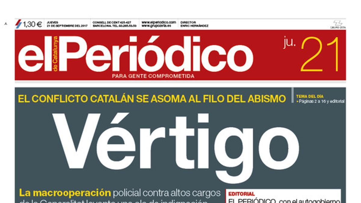 La portada de EL PERIÓDICO DE CATALUNYA del 21 de septiembre del 2017