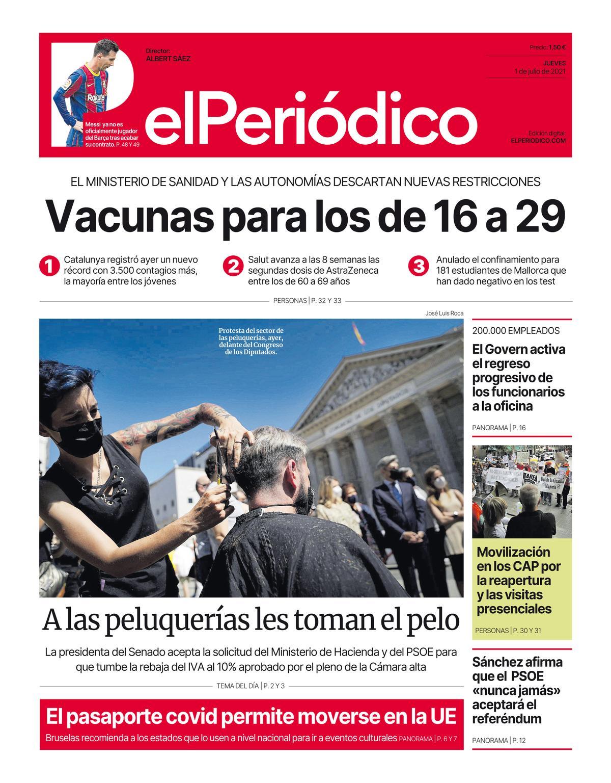 La portada d’EL PERIÓDICO de l’1 de juliol del 2021