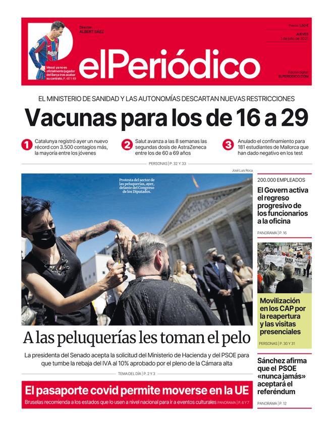 La portada d’EL PERIÓDICO de l’1 de juliol del 2021