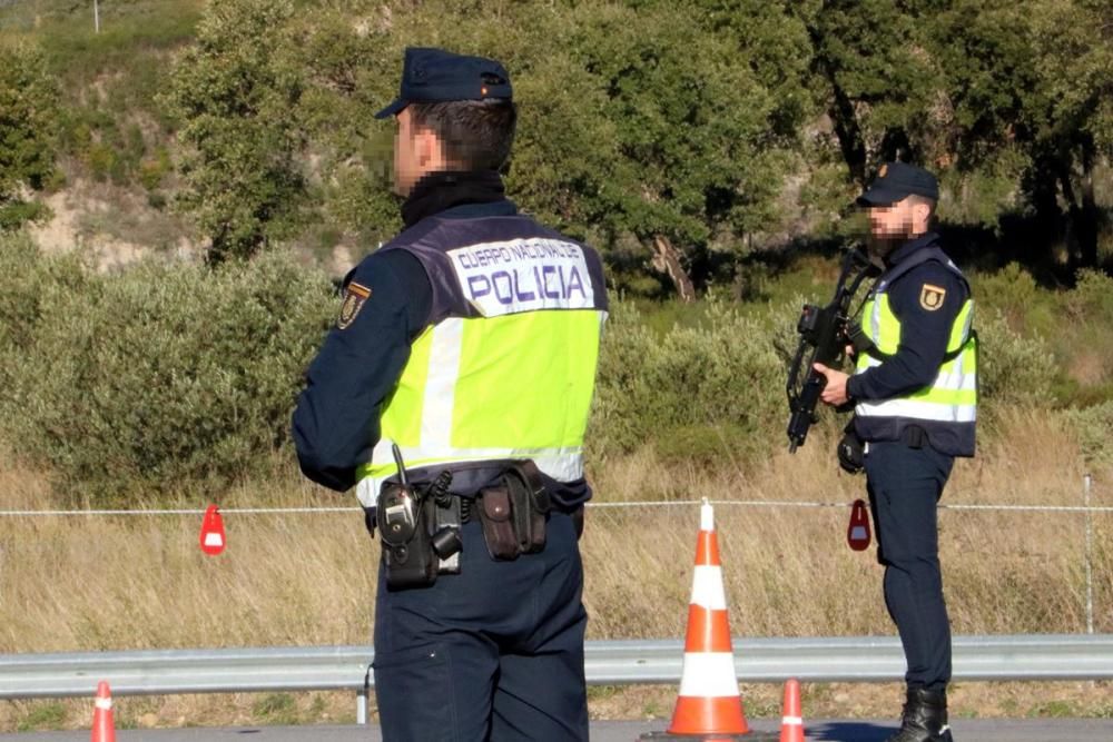 Agents de la policia espanyola durant el control que han establert a l'accés a l'autopista a La Jonquera el 29 de gener